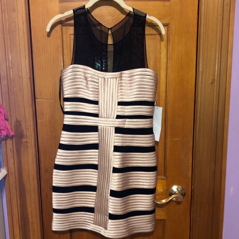 Black and gold geometric dress with sheer top